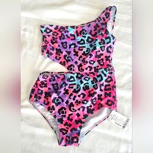78.🆕Size 6X/7 Neon Leopard Print One-Shoulder Cutout Swimsuit  NWT